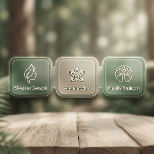 Woods to Wonders Wellness credentials — Women-Owned Business, Veteran-Run, and Family Business badges
