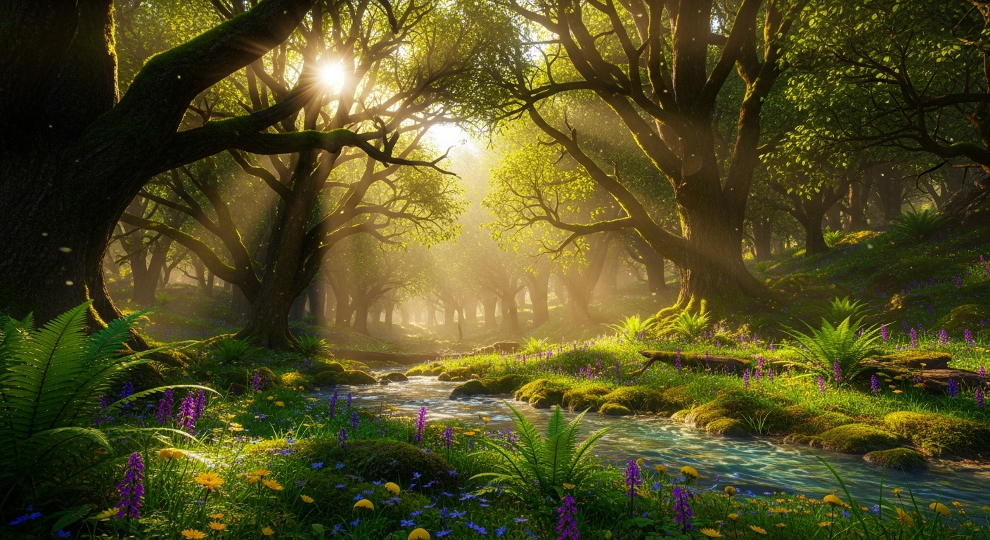 Enchanted sunlit forest with a gentle stream, wildflowers, and moss-covered trees — nature-rooted wellness inspiration
